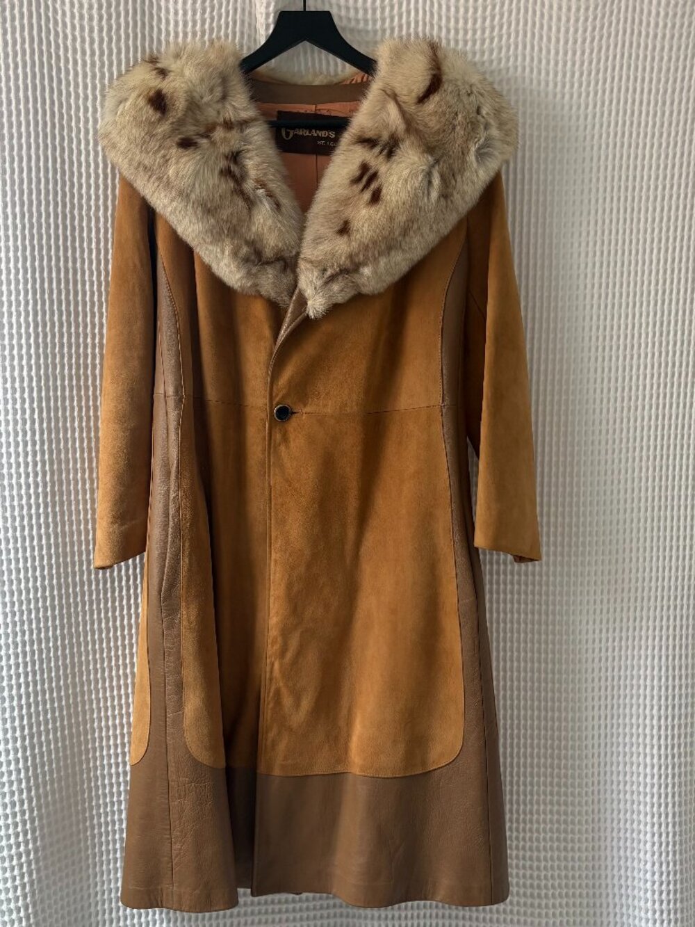 Vintage tan suede leather blue fox collar Penny Lane style women's coat [READ]